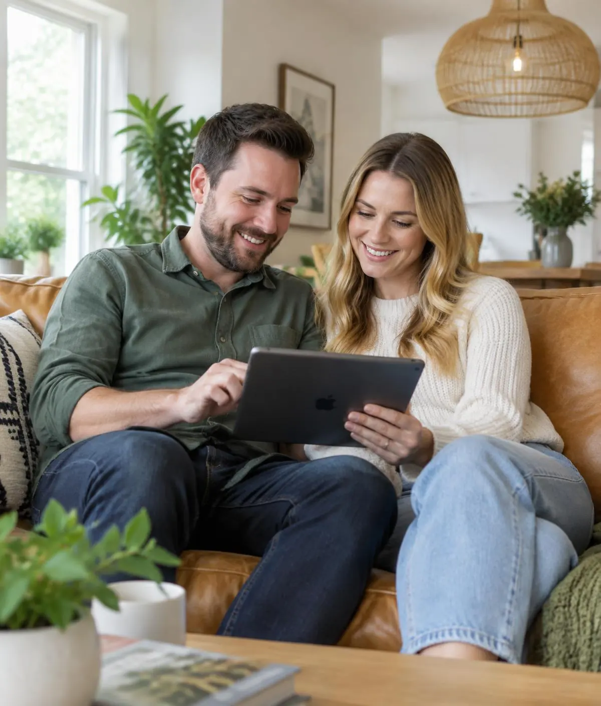 A couple reviewing their house survey report at home